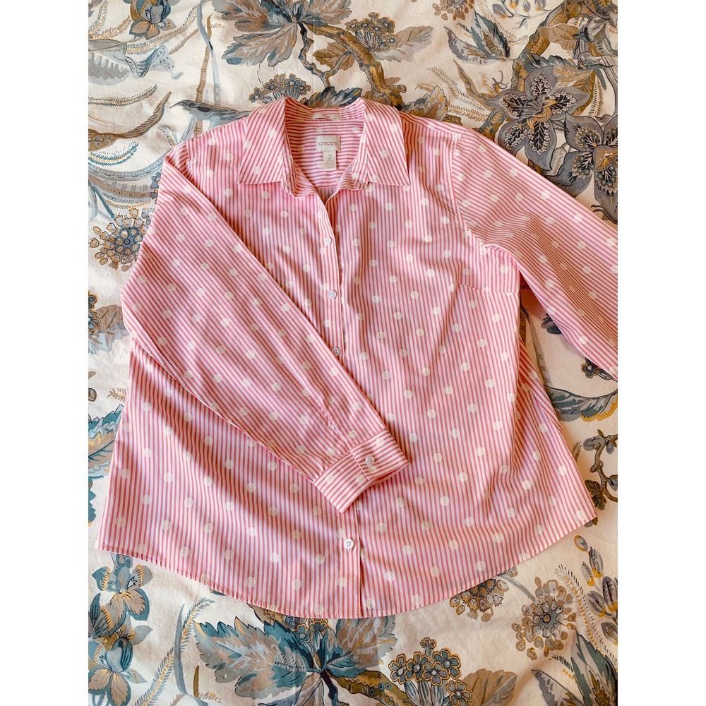 Chicos No Iron Button Down Coral Striped Polka Dot Shirt Size 2 (L-12) - Picture 10 of 14